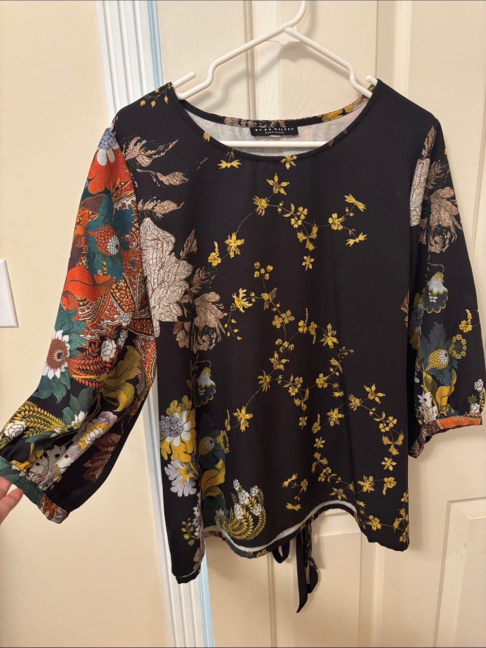 bryn Walker Black Floral Tie-Hem Blouse with Multicolor Sleeves